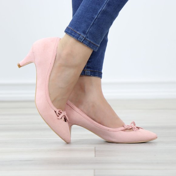 Pink Bow Vintage Style Pointed Toe Faux Suede Kitten Low Heel Shoes - Picture 8 of 13
